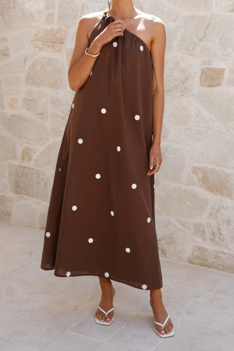 One-Shoulder Polka Dot Maxi Dress