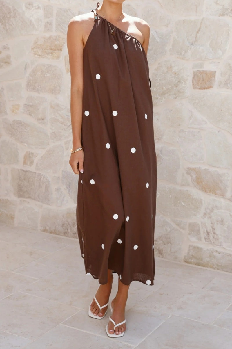 One-Shoulder Polka Dot Maxi Dress