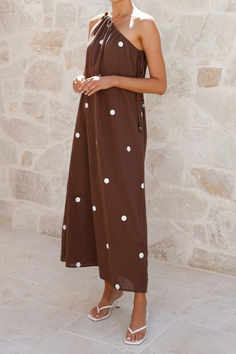 One-Shoulder Polka Dot Maxi Dress