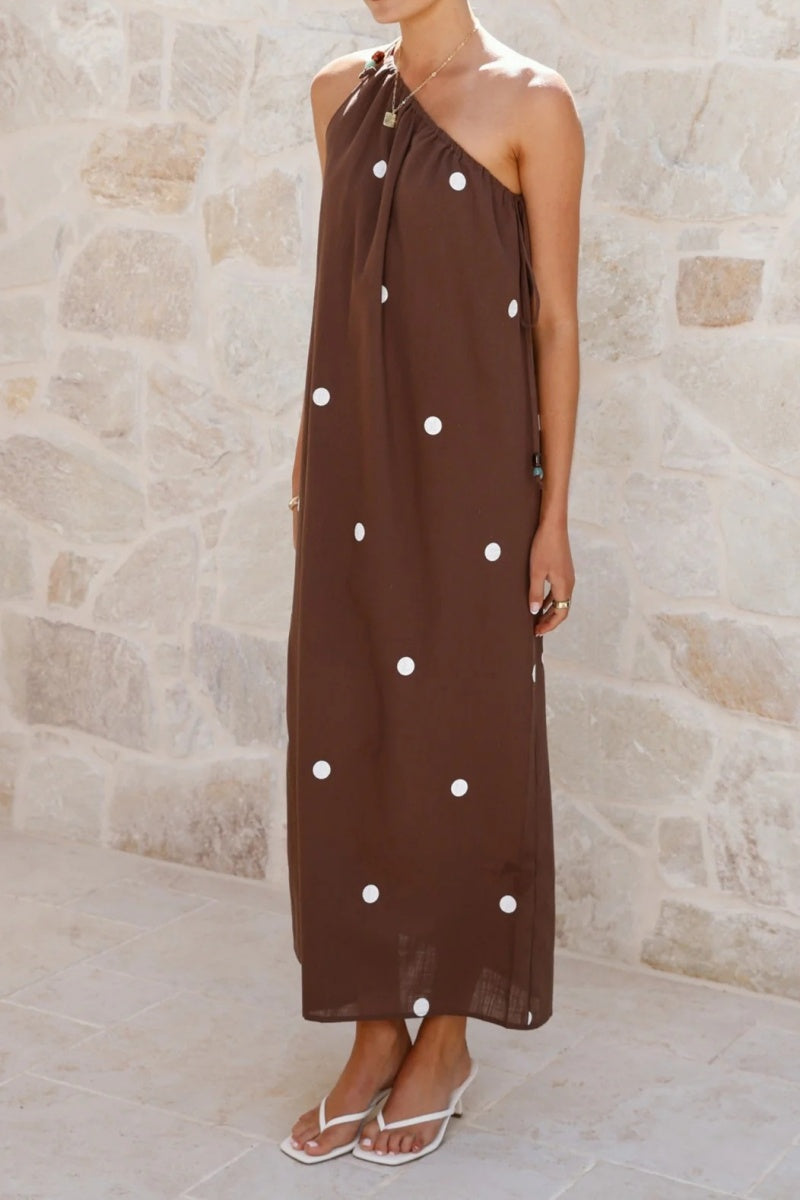 One-Shoulder Polka Dot Maxi Dress