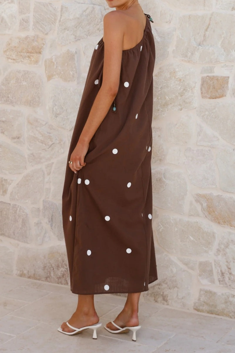 One-Shoulder Polka Dot Maxi Dress