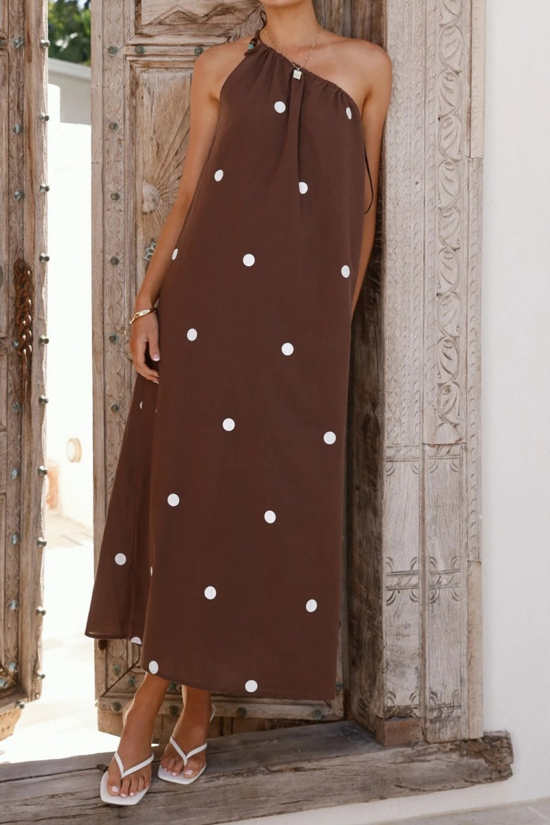 One-Shoulder Polka Dot Maxi Dress